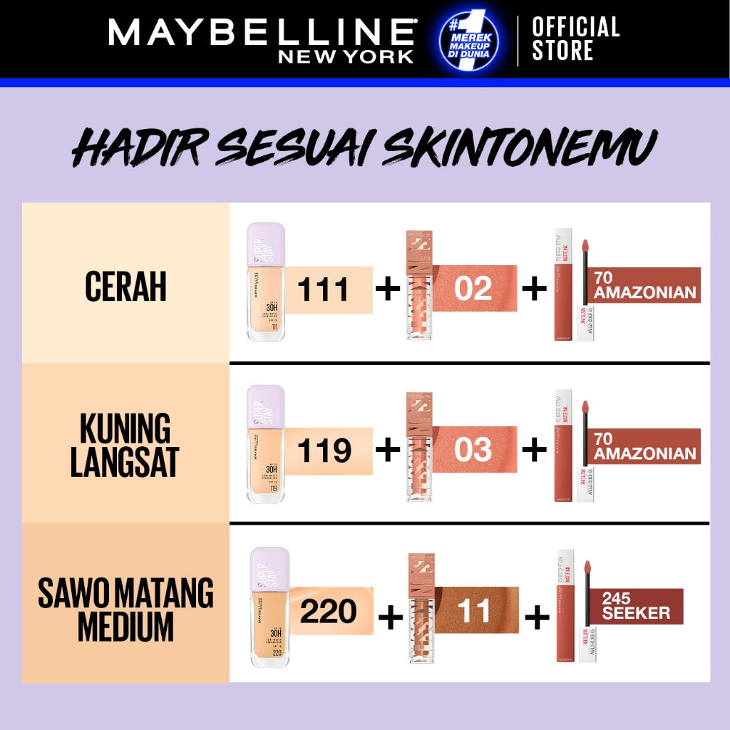 MAYBELLINE OFFICIAL Ramadan Gold Up Makeup Set : Superstay Lumi Matte FDT 120 + Sunkisser Liquid Blush Highlighter 11 + Superstay Matte Ink 245 SEEKER | Paket Makeup Full Coverage Ringan Foundation Cushion Powder Blush Liquid Blush Lipstick Matte