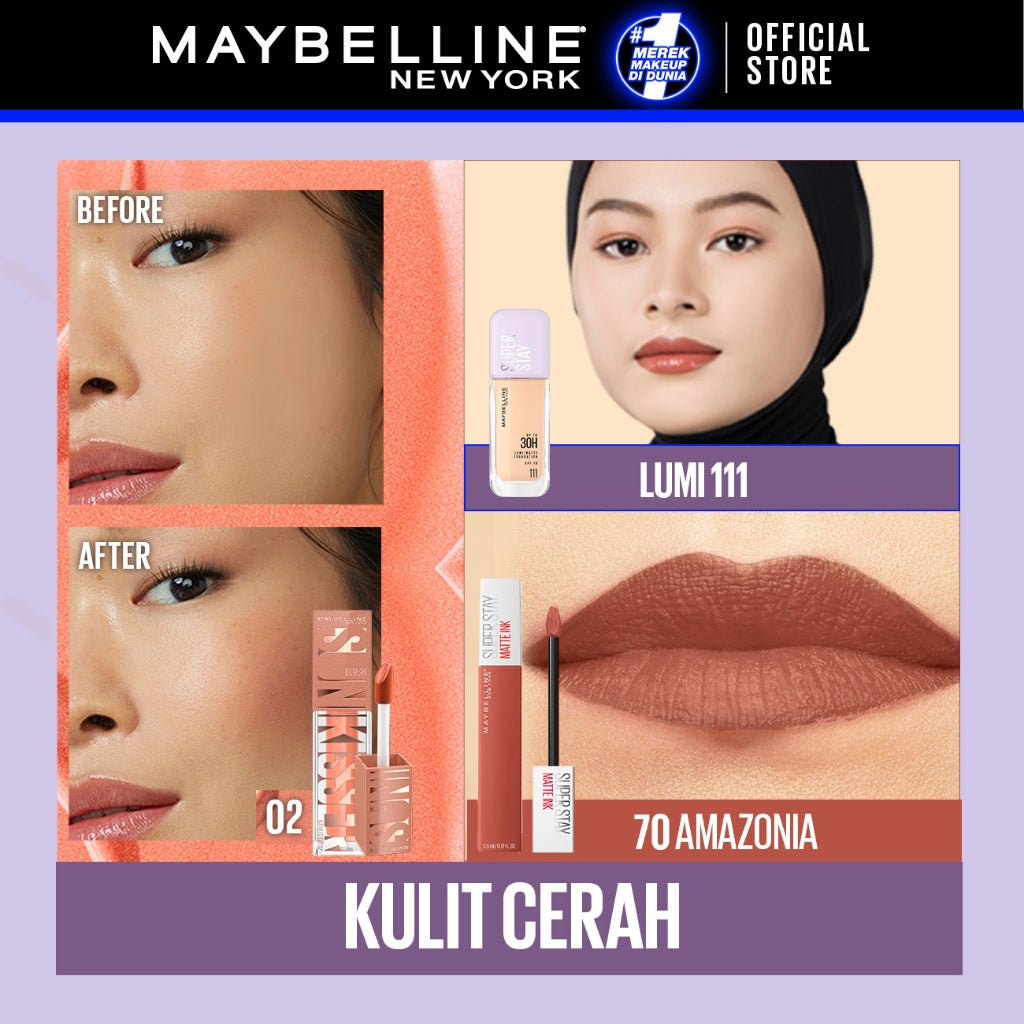 MAYBELLINE OFFICIAL Ramadan Gold Up Makeup Set : Superstay Lumi Matte FDT 120 + Sunkisser Liquid Blush Highlighter 11 + Superstay Matte Ink 245 SEEKER | Paket Makeup Full Coverage Ringan Foundation Cushion Powder Blush Liquid Blush Lipstick Matte