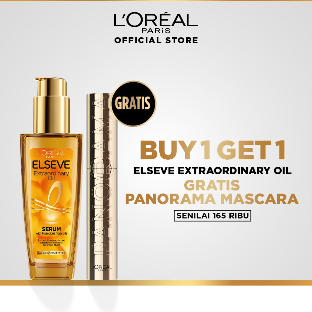 [BUY 1 GET 1] L'Oreal Paris Elseve Extraordinary Oil Gold Hair Treatment Serum 100ml - Rambut Halus Berkilau dalam Satu Pemakaian Gratis L'Oreal Paris Voluminous Panorama Waterproof Mascara, Smudgeproof, Clumps-free, 24H Longlasting, Panoramic Volume