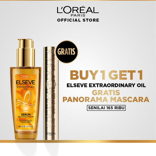 [BUY 1 GET 1] L'Oreal Paris Elseve Extraordinary Oil Gold Hair Treatment Serum 100ml - Rambut Halus Berkilau dalam Satu Pemakaian Gratis L'Oreal Paris Voluminous Panorama Waterproof Mascara, Smudgeproof, Clumps-free, 24H Longlasting, Panoramic Volume