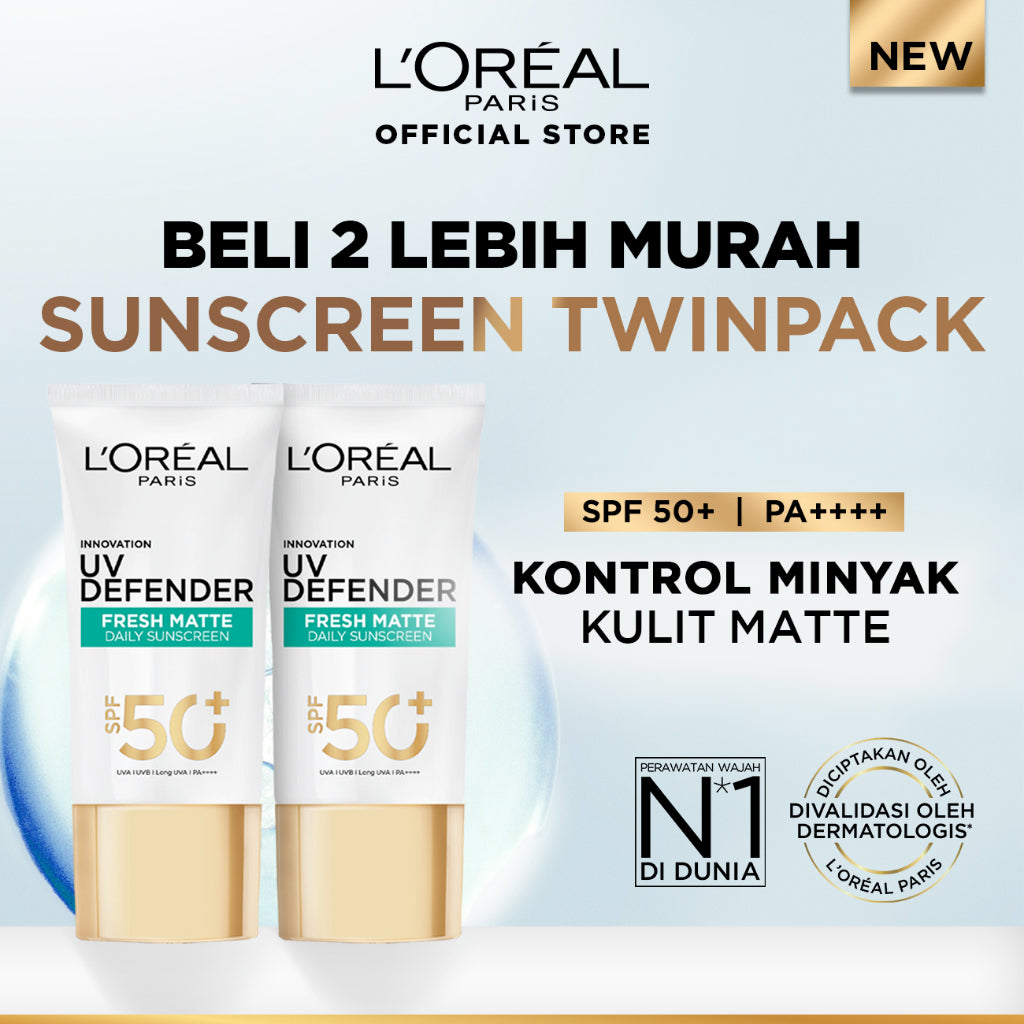 [BUY 1 GET 1] L'Oreal Paris UV Defender Serum Protector Sunscreen SPF 50+ / PA ++++ Skin Care - 50ml Twinpack  (Untuk Mencegah Kulit Tampak Tua 5 Tahun)