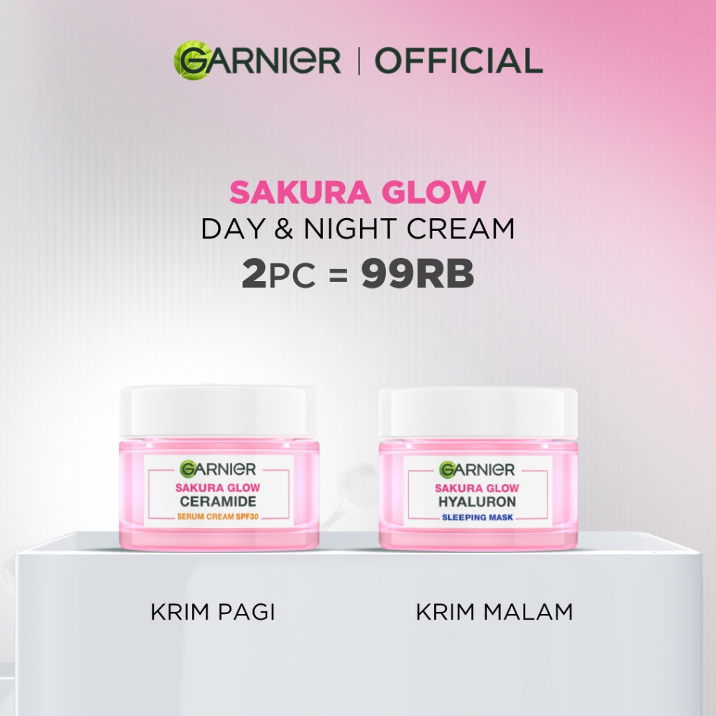 GARNIER Sakura Glow Ceramide Skin Barrier Simple Set Day Cream & Night Cream 50 ml Krim Siang & Krim Malam Bundle Paket Skincare 1 set lengkap moisturizer tone up pelembab wajah cream pemutih wajah glowing cepat