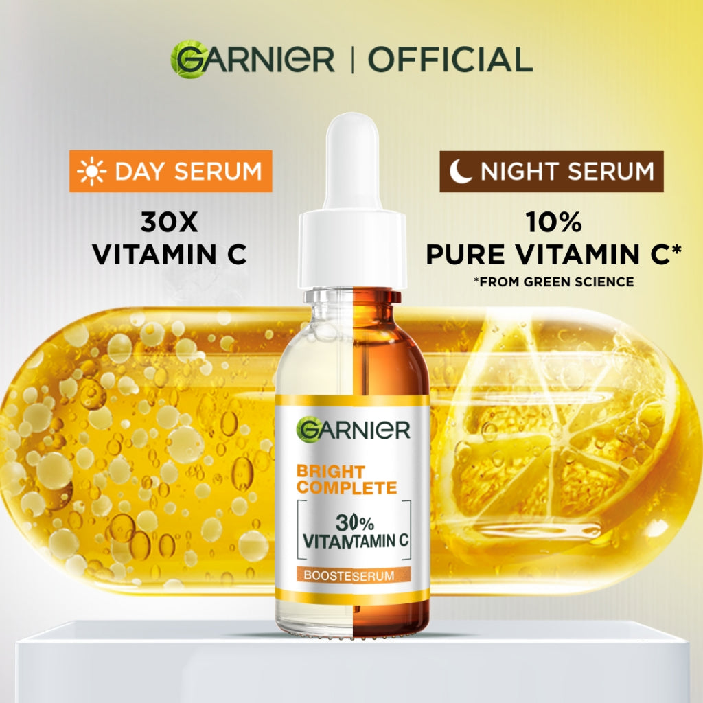 GARNIER Paket Skincare Isi 2 Vitamin C Day Serum & Night Serum 30 ml Tone Up Serum Mencerahkan Wajah | Paket Serum Pagi & Malam