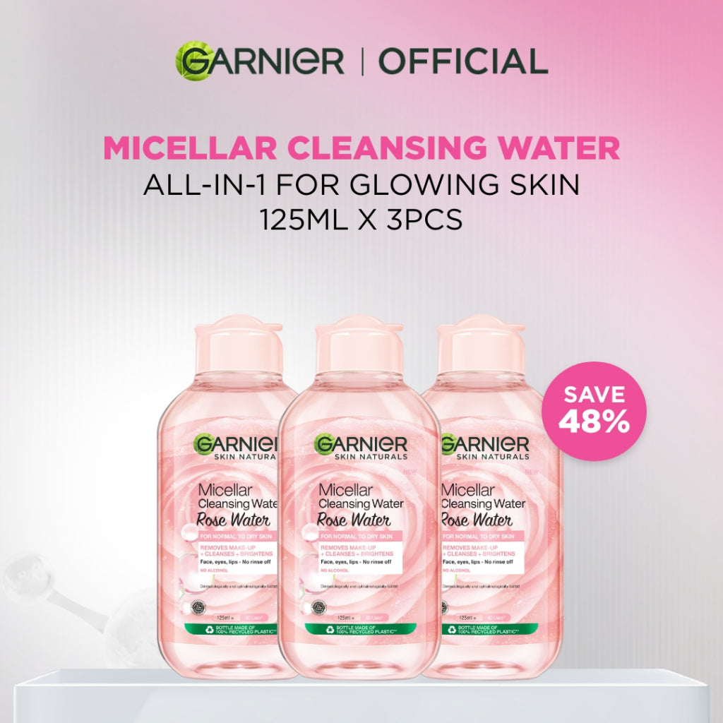 (PAKET HEMAT ISI 3) Garnier Micellar Cleansing Rose Water Skin Care - 125ml (Pembersih Wajah & Make up Mengandung Air Mawar Untuk Kulit Bersih dan Bercahaya)
