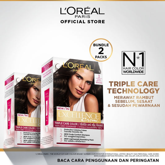 L'Oreal Paris Excellence Creme Hair Color 3 Natural Dark Brown [Pewarna Rambut Permanen] x 2 pcs