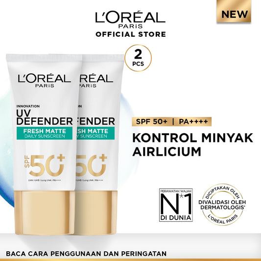 (PAKET HEMAT ISI 2) L'Oreal Paris UV Defender Serum Protector Sunscreen Matte & Fresh SPF 50+ / PA ++++ Skin Care - 50ml (Untuk Mencegah Kulit Tampak Tua 5 Tahun & Melembapkan)
