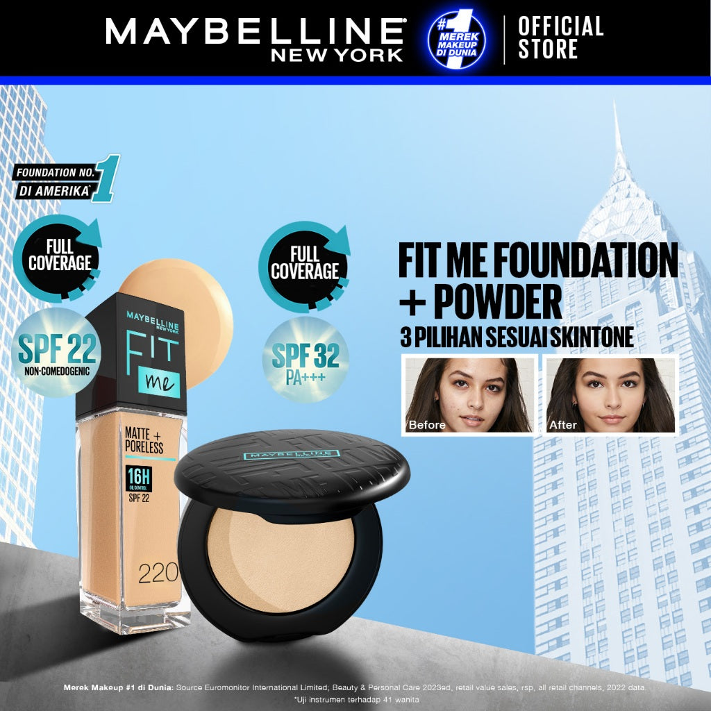 Maybelline Paket Makeup FIT ME Compact Powder + FIT ME Liquid Foundation FREE GIFT | Oil Control Tahan Lama