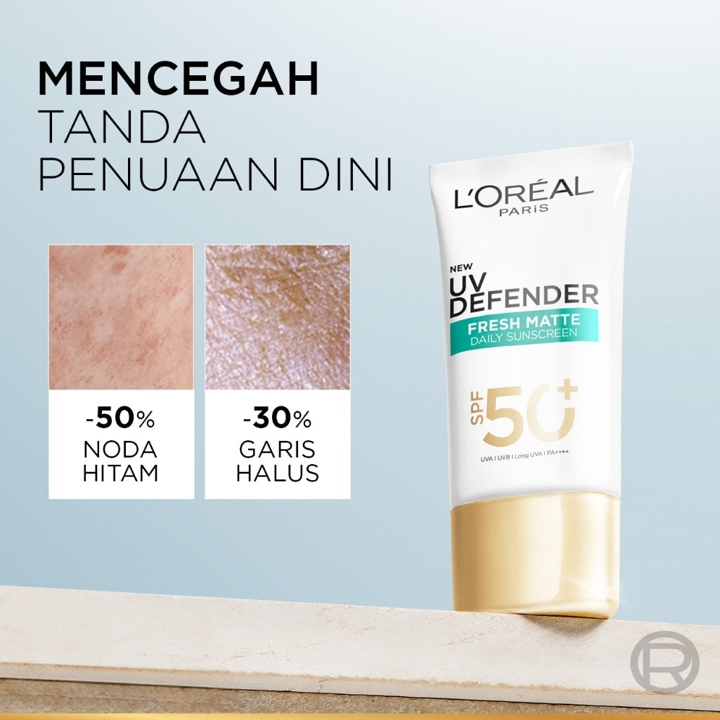 (PAKET HEMAT ISI 2) L'Oreal Paris UV Defender Serum Protector Sunscreen Matte & Fresh SPF 50+ / PA ++++ Skin Care - 50ml (Untuk Mencegah Kulit Tampak Tua 5 Tahun & Melembapkan)