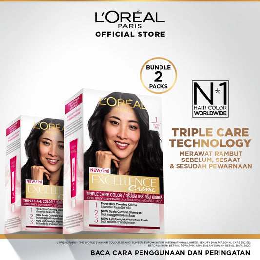 (PAKET HEMAT ISI 2) L'Oreal Paris Excellence Creme Triple Care Hair Color #1 Natural Black (Cat / Pewarna Rambut)