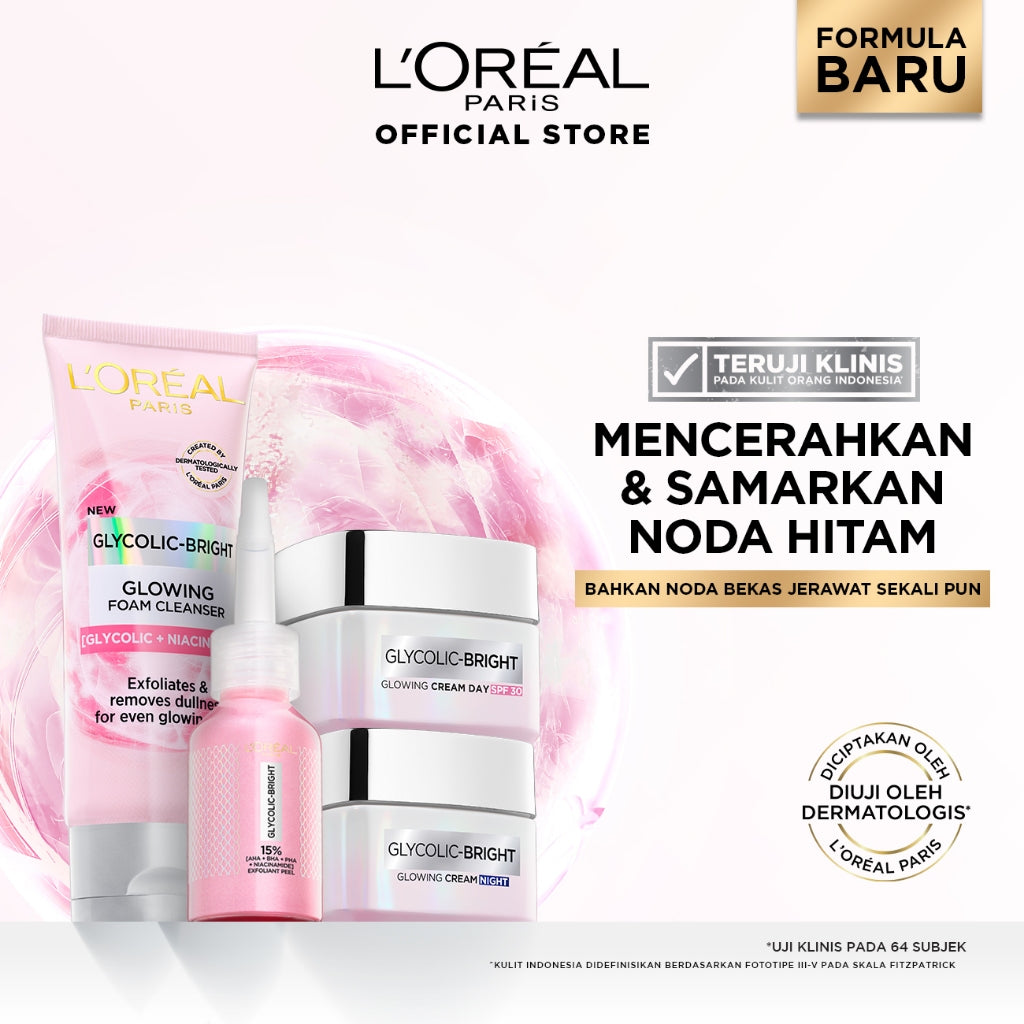 [BARU] Paket Skincare Glycolic Bright Exfoliant Peel, Moisturizer, Serum, Sunscreen, Cleanser, Full Kit Paket | Peeling Solution Hasil Seperti Peeling Profesional Di Rumah Menyamarkan Noda Hitam Bekas Jerawat Acne | Eksfoliasi Kulit Mati