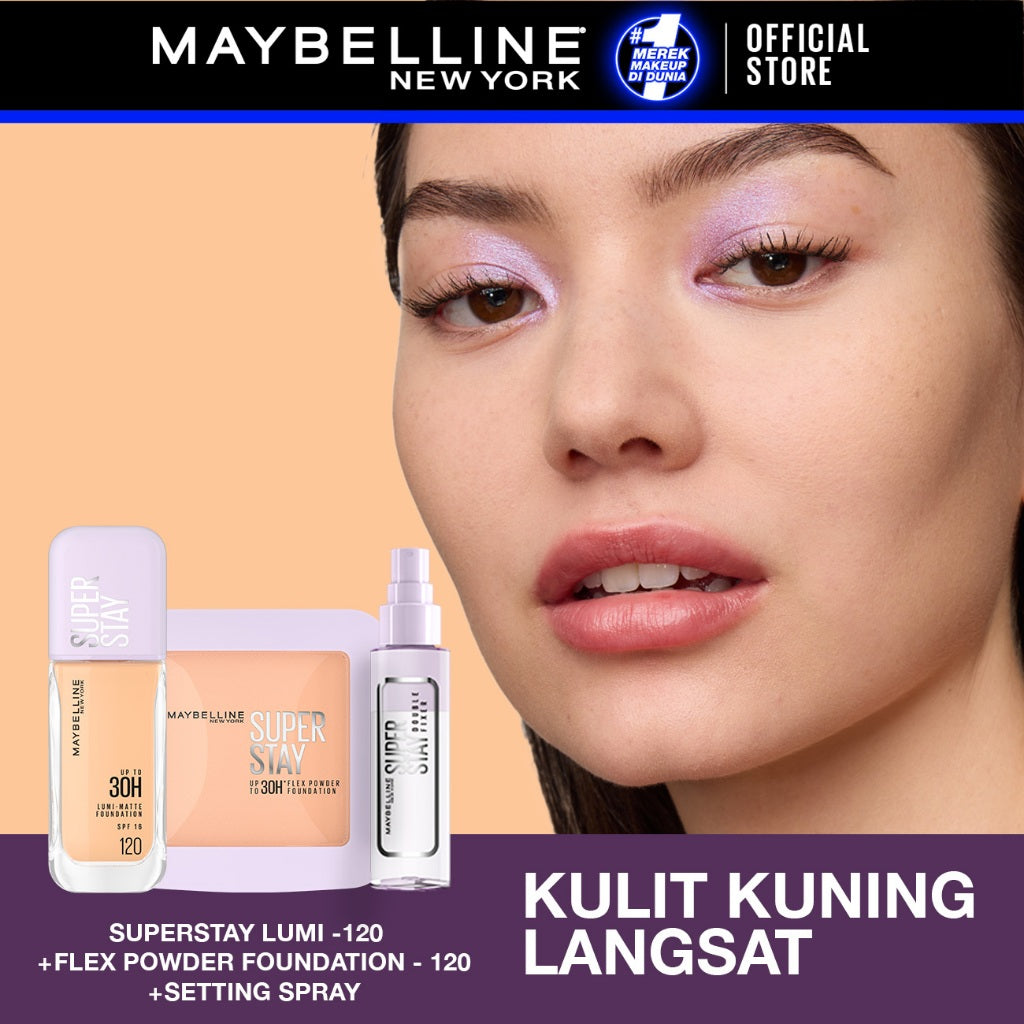 MAYBELLINE OFFICIAL Superstay Unbreakable Set - Superstay Setting Spray, Flex Powder Foundation, Lumi Matte Foundation Shade 111 Transferproof Ringan Tahan Air Waterproof