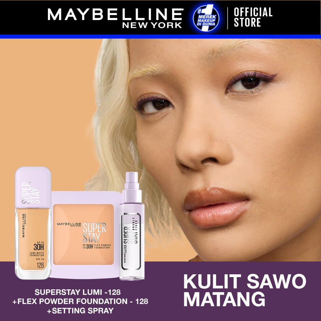 MAYBELLINE OFFICIAL Superstay Unbreakable Set - Superstay Setting Spray, Flex Powder Foundation, Lumi Matte Foundation Shade 111 Transferproof Ringan Tahan Air Waterproof