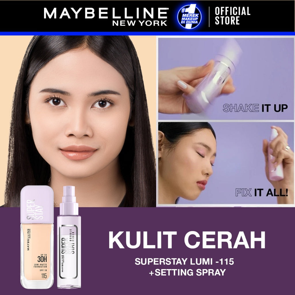 MAYBELLINE OFFICIAL Superstay Unbreakable Set - Superstay Setting Spray, Flex Powder Foundation, Lumi Matte Foundation Shade 111 Transferproof Ringan Tahan Air Waterproof