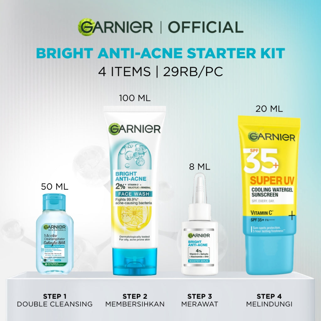 [Paket Skincare Pemula] Garnier Starter Kit Isi 4 Hanya 100 ribu Bright Complete Anti Acne | Untuk kulit berjerawat | Brightening | Removes Skin Blemishes