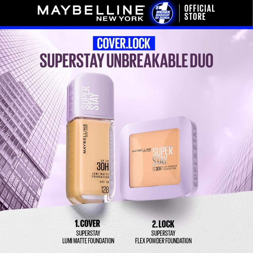 [BARU HANYA DI SHOPEE] MAYBELLINE OFFICIAL Superstay Unbreakable Duo - Superstay Lumi Matte Foundation + Superstay Flex Powder Foundation Liquid Foundation Ringan Tahan Lama Two-Way Cake Oil Control Transferproof Waterproof Skintone Paket Complexion