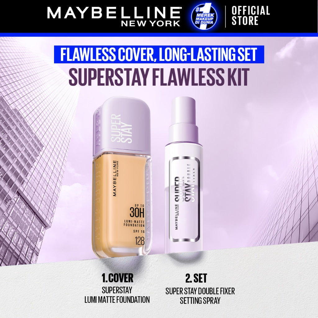 MAYBELLINE OFFICIAL Superstay Unbreakable Set - Superstay Setting Spray, Flex Powder Foundation, Lumi Matte Foundation Shade 111 Transferproof Ringan Tahan Air Waterproof