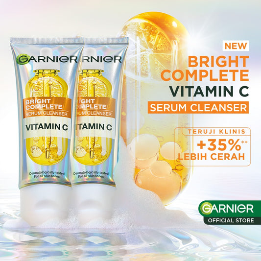 GARNIER Facial Wash Bright Complete Vitamin C Serum Cleanser 100ml Paket Skincare Pembersih Wajah Mencerahkan Seperti Serum Wash Sabun Cuci Muka Sabun Muka Glowing dan Memutihkan Moisturizer Sunscreen