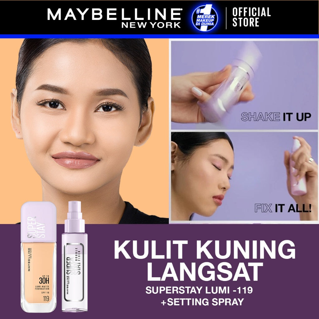 MAYBELLINE OFFICIAL Superstay Unbreakable Set - Superstay Setting Spray, Flex Powder Foundation, Lumi Matte Foundation Shade 111 Transferproof Ringan Tahan Air Waterproof