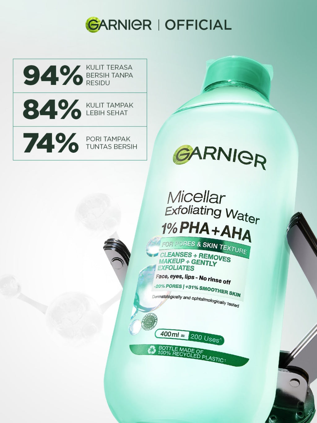 BARU Garnier Micellar Water Peeling Exfoliating 1% AHA + PHA - 400ml Skincare Pembersih Wajah & Make up untuk mengangkat sel kulit mati