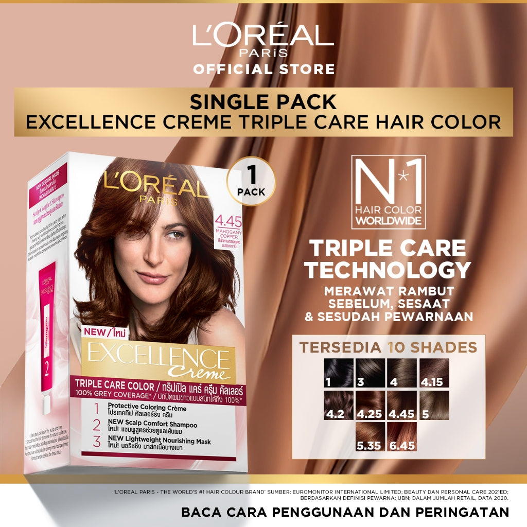 L'Oreal Paris Excellence Creme Triple Care Hair Color | (Cat / Pewarna Rambut Permanen) | Single Pack Hair Color