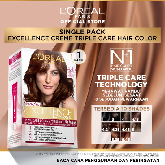 L'Oreal Paris Excellence Creme Triple Care Hair Color | (Cat / Pewarna Rambut Permanen) | Single Pack Hair Color