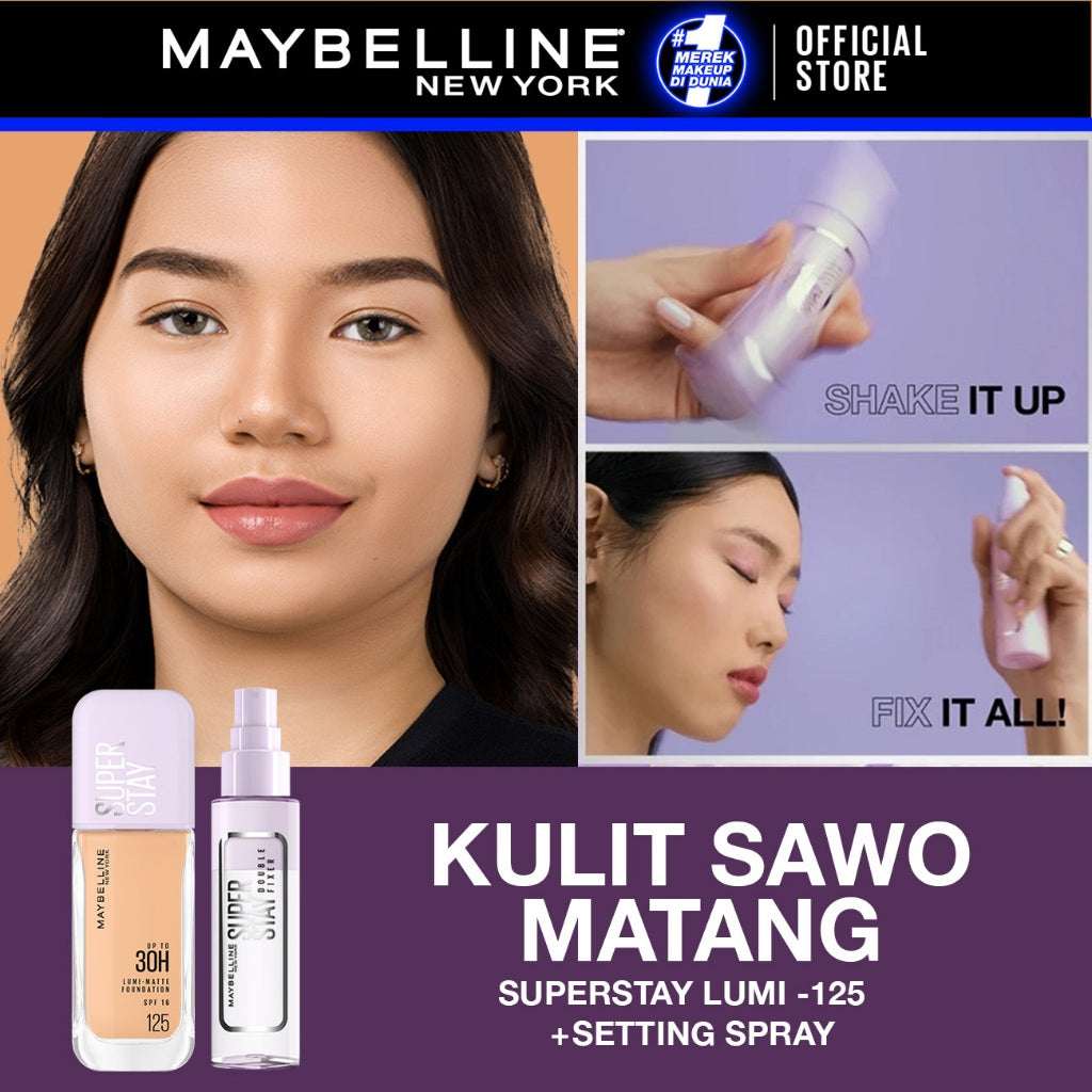 MAYBELLINE OFFICIAL Superstay Unbreakable Set - Superstay Setting Spray, Flex Powder Foundation, Lumi Matte Foundation Shade 111 Transferproof Ringan Tahan Air Waterproof