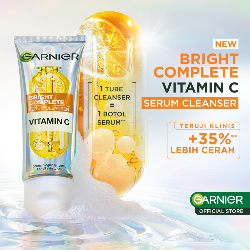 GARNIER Facial Wash Bright Complete Vitamin C Serum Cleanser 100ml Paket Skincare Pembersih Wajah Mencerahkan Seperti Serum Wash Sabun Cuci Muka Sabun Muka Glowing dan Memutihkan Moisturizer Sunscreen