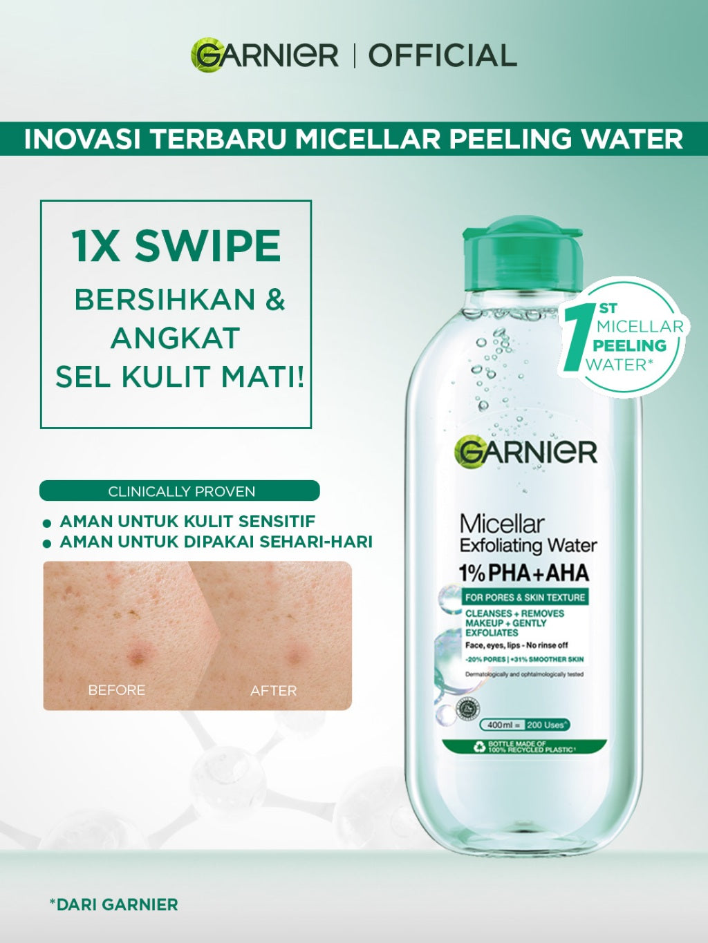 BARU Garnier Micellar Water Peeling Exfoliating 1% AHA + PHA - 400ml Skincare Pembersih Wajah & Make up untuk mengangkat sel kulit mati