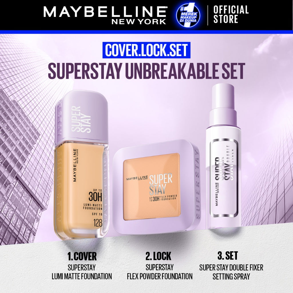 MAYBELLINE OFFICIAL Superstay Unbreakable Set - Superstay Setting Spray, Flex Powder Foundation, Lumi Matte Foundation Shade 111 Transferproof Ringan Tahan Air Waterproof