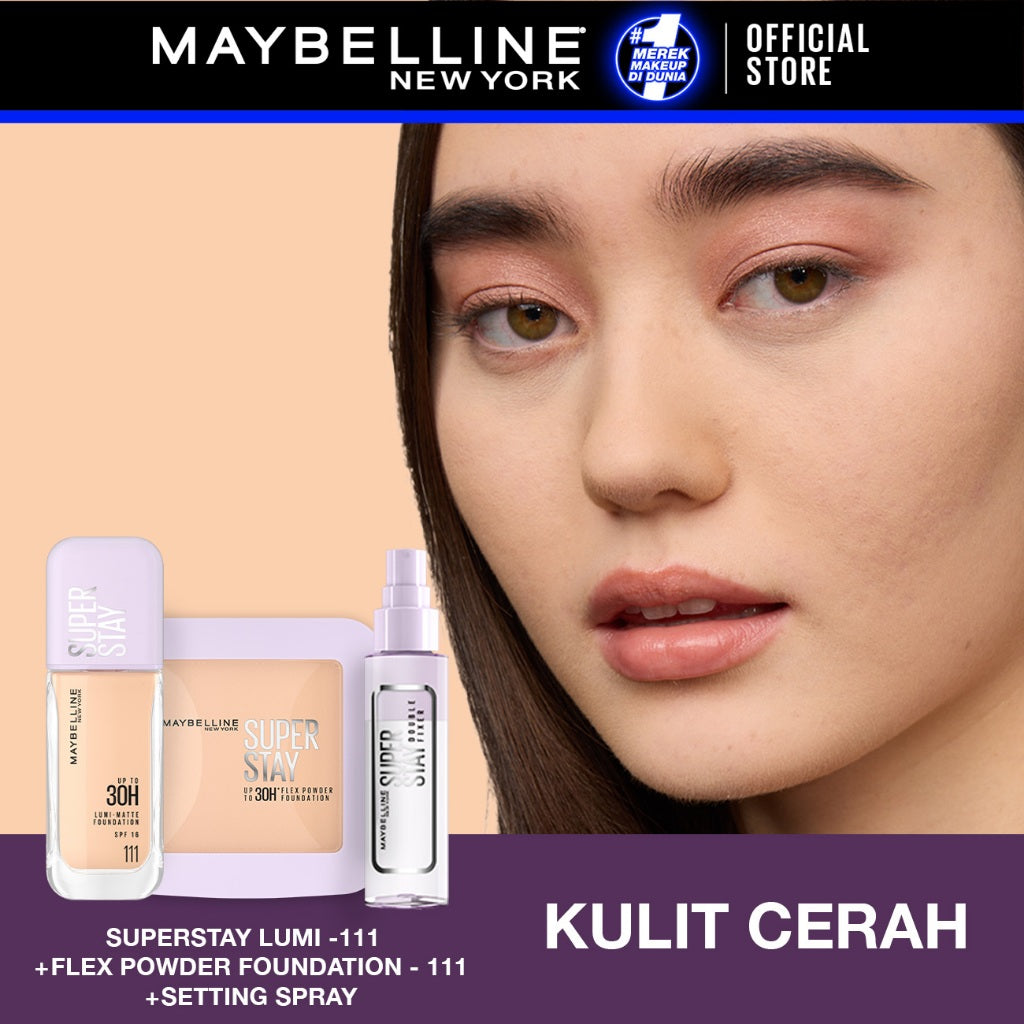 MAYBELLINE OFFICIAL Superstay Unbreakable Set - Superstay Setting Spray, Flex Powder Foundation, Lumi Matte Foundation Shade 111 Transferproof Ringan Tahan Air Waterproof