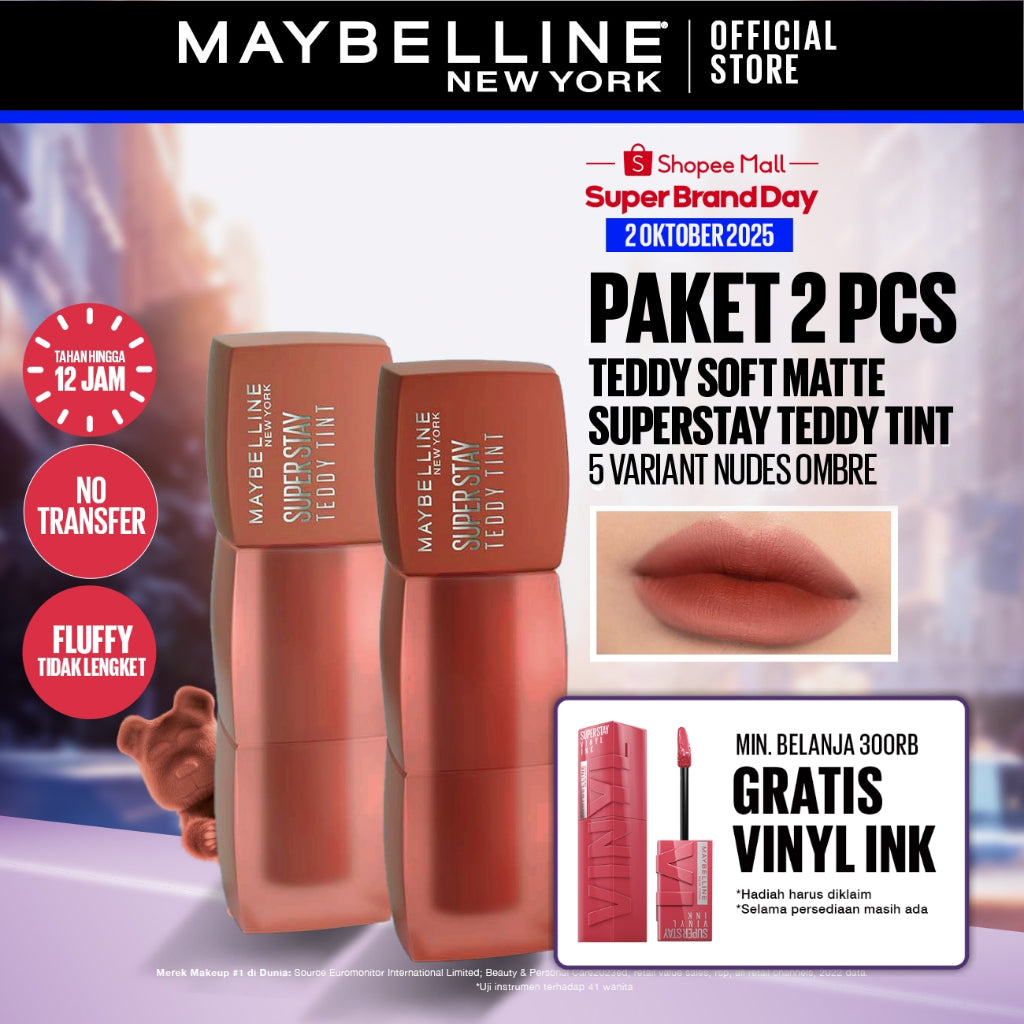 MAYBELLINE OFFICIAL Superstay Teddy Tint 2 pcs 5 mL - Teddy Soft Matte Tahan 12 Jam Lipstick Lipcream Liptint