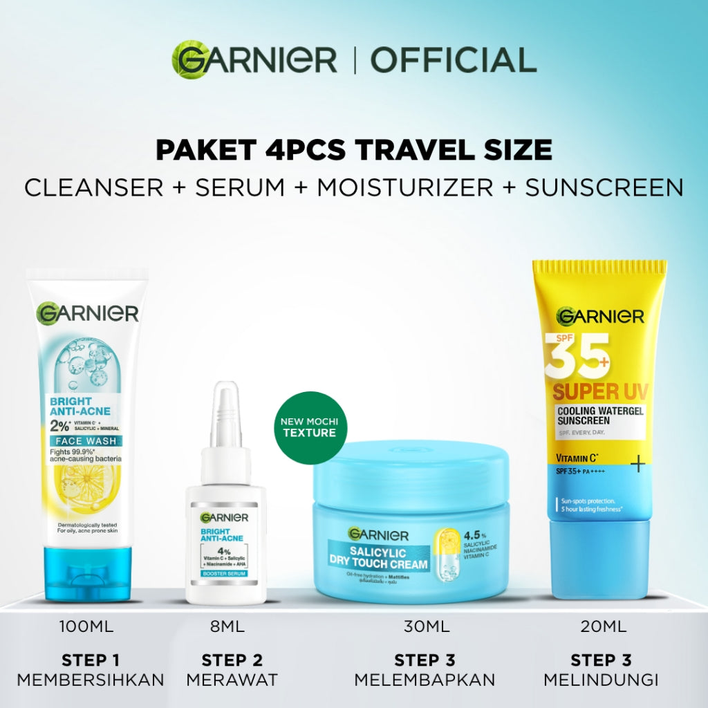 [Paket Skincare Pemula] Garnier Starter Kit Isi 4 Hanya 100 ribu Bright Complete Anti Acne | Untuk kulit berjerawat | Brightening | Removes Skin Blemishes