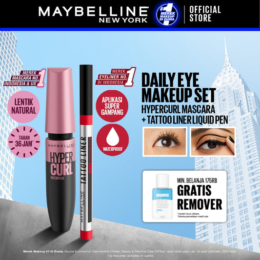 MAYBELLINE OFFICIAL Daily Eye Makeup Bundle Hypercurl Waterproof Mascara + Tattoo Liner 48H Liquid Pen Eyeliner Waterproof Tahan 48 Jam