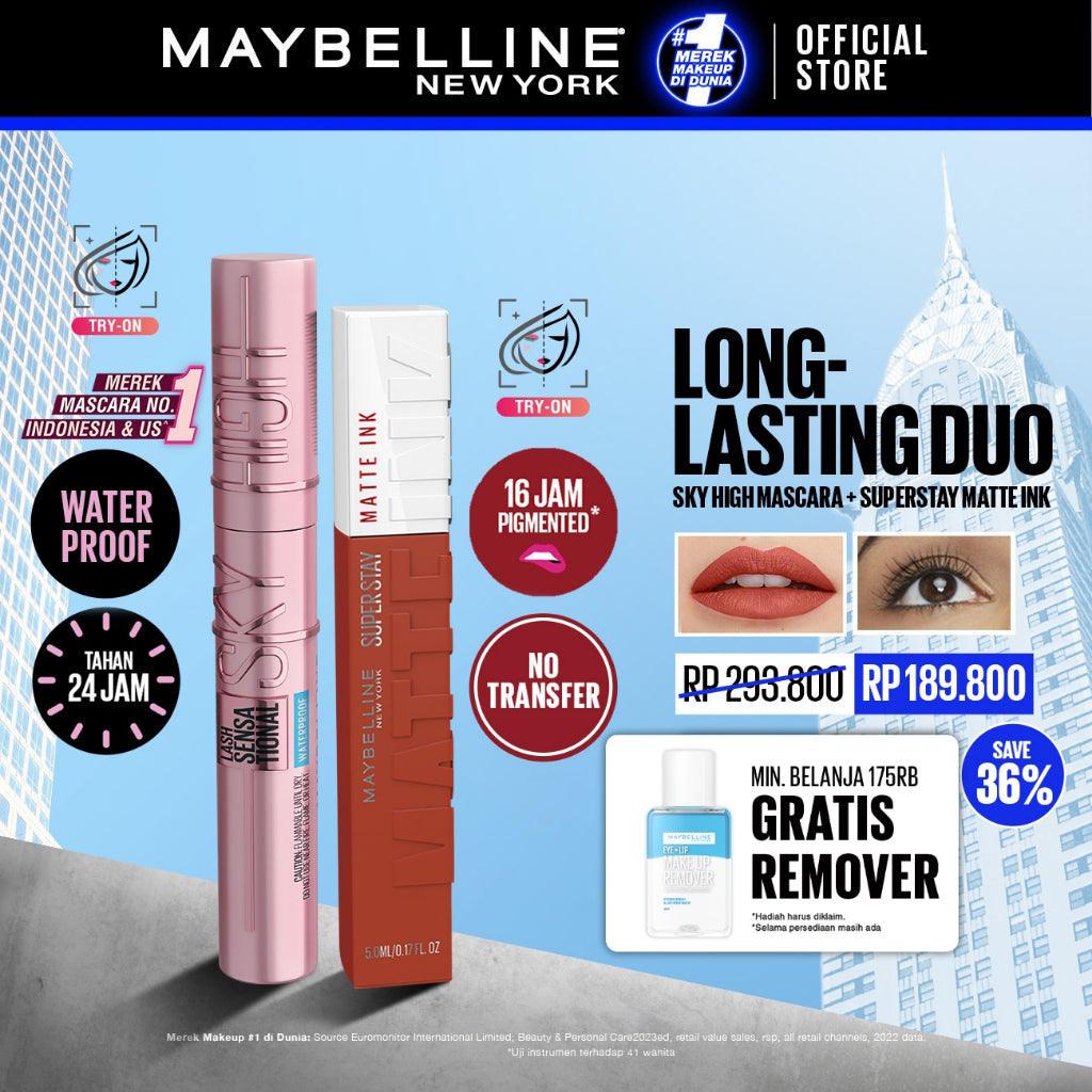MAYBELLINE OFFICIAL Long Lasting Duo - Sky High Mascara + Superstay Matte Ink | Paket Mascara Lipstick Tahan Lama Waterproof Transferproof Maskara Lipstik