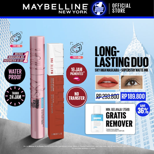 MAYBELLINE OFFICIAL Long Lasting Duo - Sky High Mascara + Superstay Matte Ink | Paket Mascara Lipstick Tahan Lama Waterproof Transferproof Maskara Lipstik