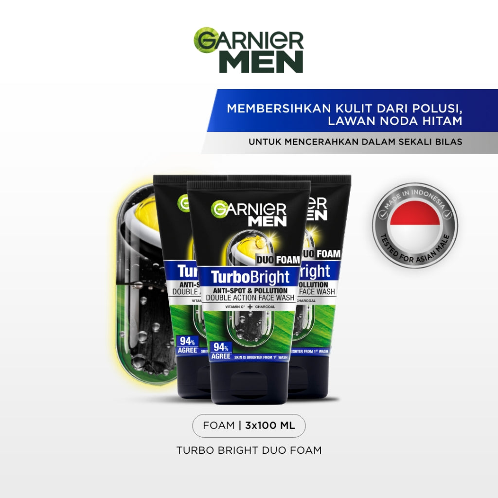 GARNIER Men Facial Wash 100ml ALL VARIANT ISI 2 sabun cuci muka pria - face wash Skincare pembersih wajah acno fight turbo bright wasabi charcoal oil control lawan jerawat kulit kusam