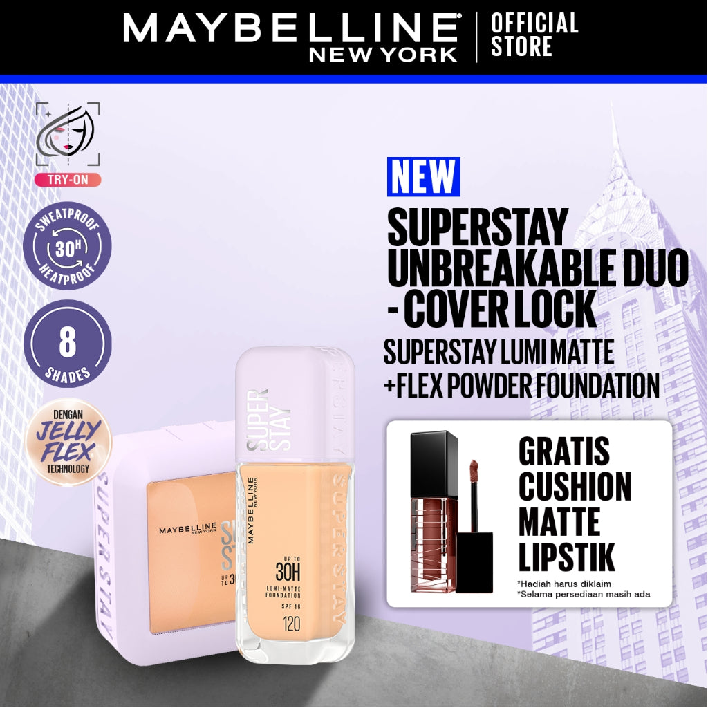 [BARU HANYA DI SHOPEE] MAYBELLINE OFFICIAL Superstay Unbreakable Duo - Superstay Lumi Matte Foundation + Superstay Flex Powder Foundation Liquid Foundation Ringan Tahan Lama Two-Way Cake Oil Control Transferproof Waterproof Skintone Paket Complexion