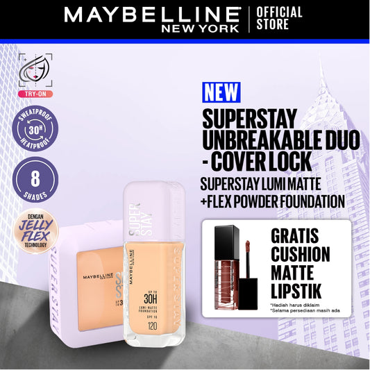 [BARU HANYA DI SHOPEE] MAYBELLINE OFFICIAL Superstay Unbreakable Duo - Superstay Lumi Matte Foundation + Superstay Flex Powder Foundation Liquid Foundation Ringan Tahan Lama Two-Way Cake Oil Control Transferproof Waterproof Skintone Paket Complexion