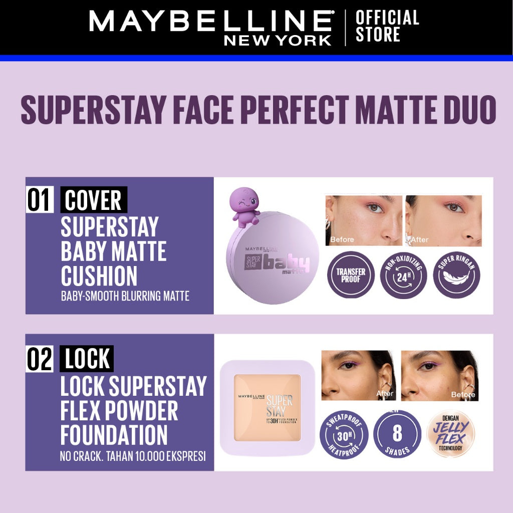 MAYBELLINE OFFICIAL Superstay Unbreakable Duo - Superstay Baby Matte Cushion + Superstay Flex Powder Foundation