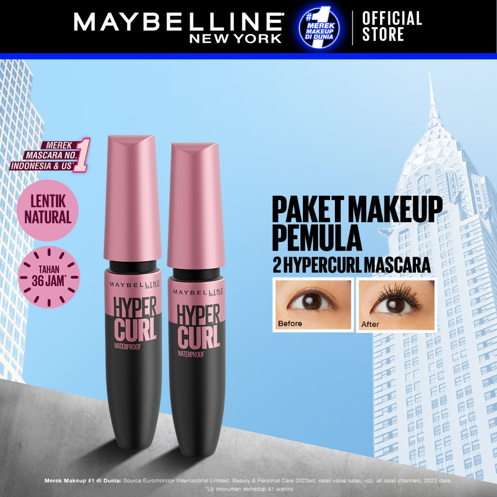 (PAKET HEMAT ISI 2) Maybelline Volum Express Hypercurl Waterproof Mascara Make Up - Black (Maskara Waterproof Tahan 36 Jam)