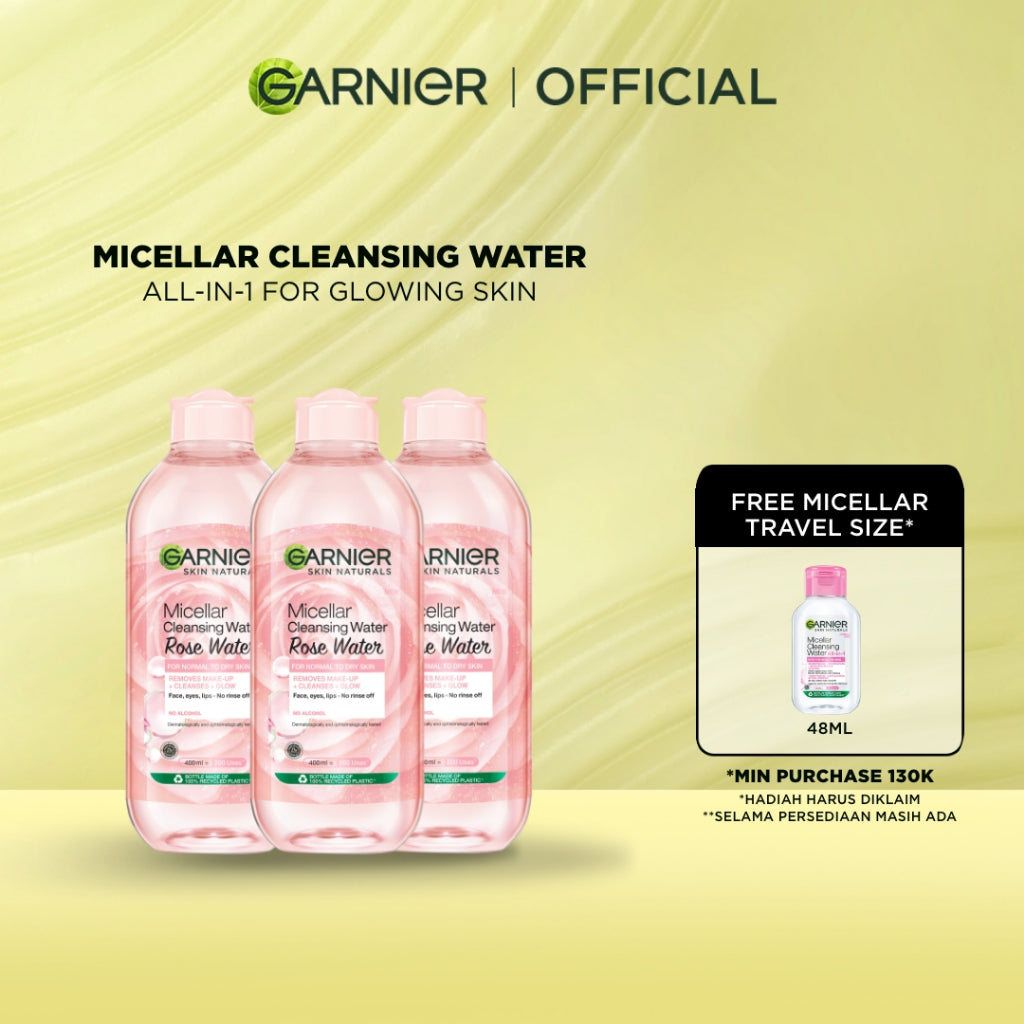 [PAKET HEMAT ISI 3] GARNIER Micellar Water Rose Skincare 400ml Skincare Cleansing - Pembersih Wajah & Make up Waterproof Air Mawar Cocok untuk semua jEnis kulit Micellar Cleansing Water