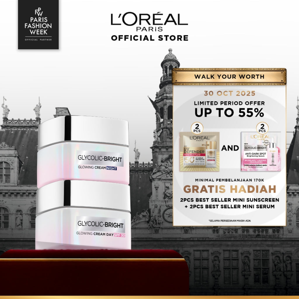 L'Oreal Paris Glycolic Bright Glowing Skincare Day Cream & Night Cream 15 ml Krim L'Oreal Untuk Mencerahkan & Menyamarkan Noda Hitam Dalam 2 Minggu