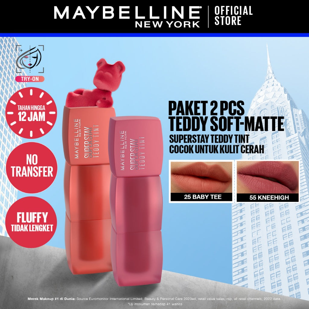 MAYBELLINE OFFICIAL Paket Ombre Superstay Teddy Tint Nudes 2 pcs - Soft Matte Tahan 12 Jam Ombre Set Lipstick Long Lasting Transferproof Waterproof Tahan Lama Lip Tint Lip Velvet Lipstik