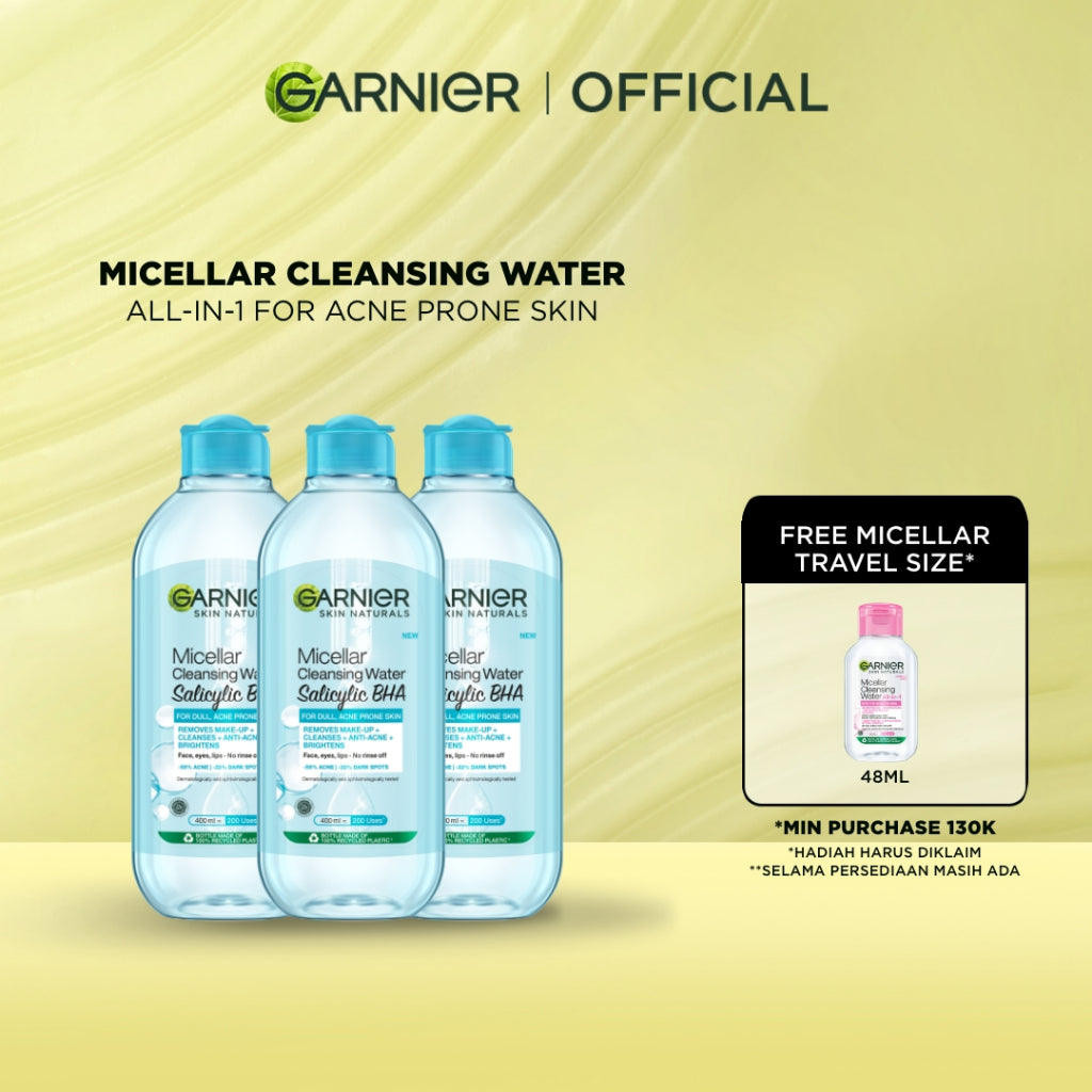 [PAKET HEMAT ISI 3] GARNIER Micellar Water Blue Salicylic Acid 400ml Skincare Cleansing - Skincare Pembersih Wajah & Make up untuk kulit berminyak jerawat Micellar Cleansing Water