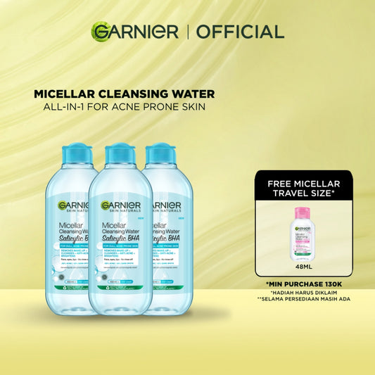 [PAKET HEMAT ISI 3] GARNIER Micellar Water Blue Salicylic Acid 400ml Skincare Cleansing - Skincare Pembersih Wajah & Make up untuk kulit berminyak jerawat Micellar Cleansing Water
