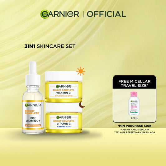 GARNIER Paket Skincare 1 Set Lengkap Vitamin C Brightening Daily Set Serum & Cream| Day Cream 50 ml + Night Cream 50 ml + Serum 30 ml tone up mencerahkan moisturizer pelembab