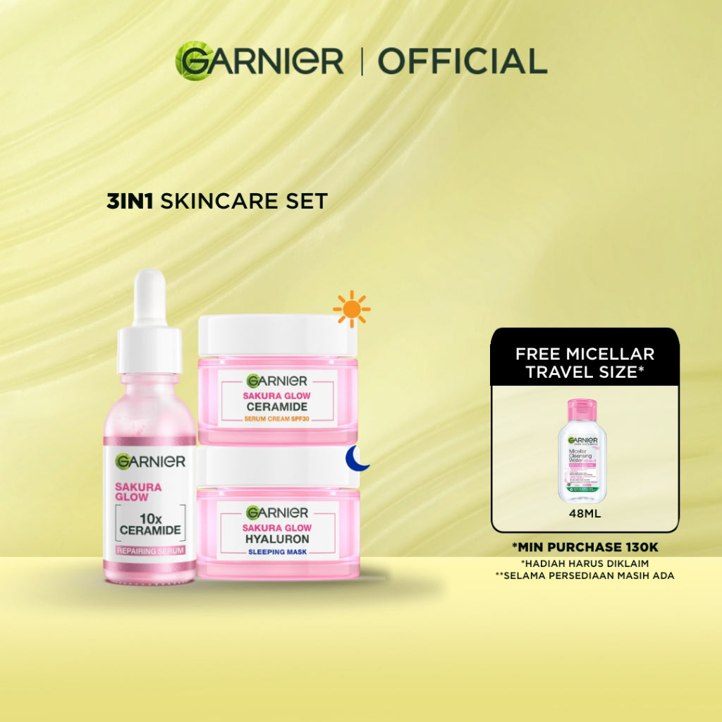 GARNIER Paket Skincare 1 Set Lengkap Sakura Glow Ceramide Skin Barrier Hydrating Daily Set Serum & Cream| Day Cream 50 ml + Night Cream 50 ml + Serum 30 ml tone up mencerahkan moisturizer pelembab