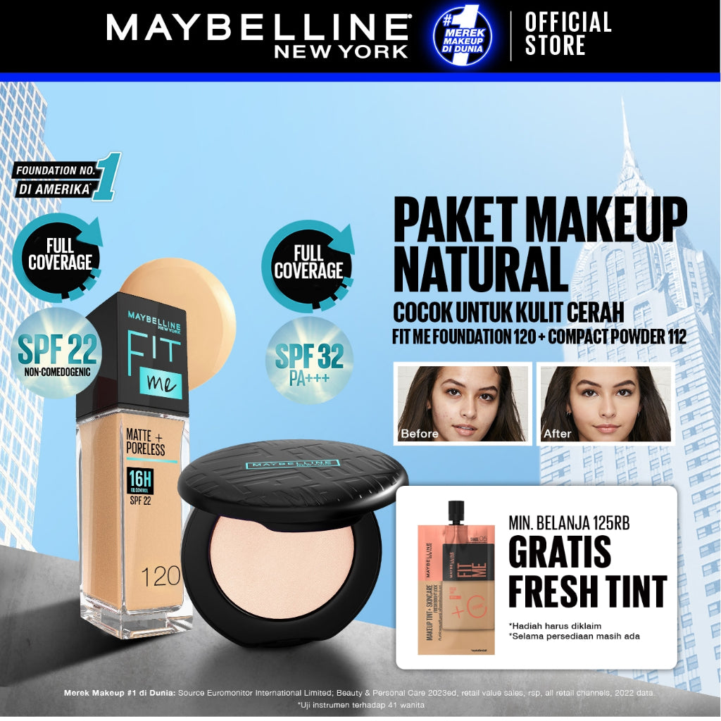 Maybelline Paket Makeup FIT ME Compact Powder + FIT ME Liquid Foundation FREE GIFT | Oil Control Tahan Lama