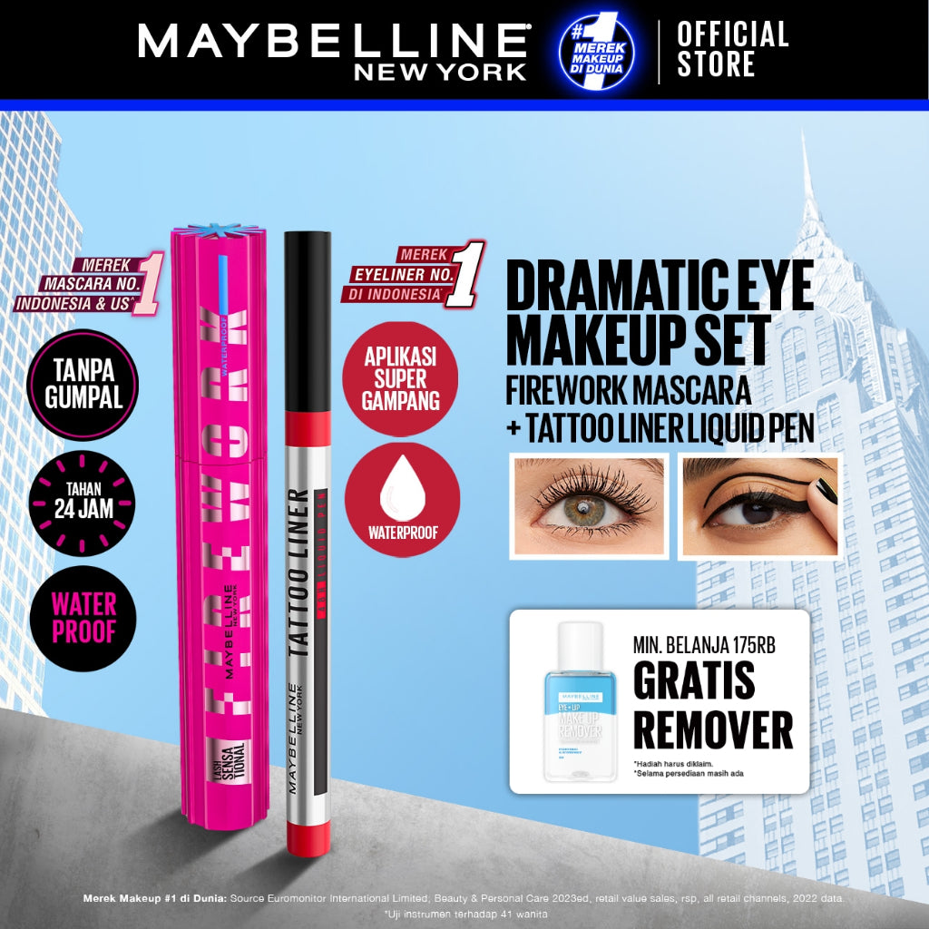 MAYBELLINE OFFICIAL Paket Makeup EYE Firework Mascara + Tattoo 48h Eyeliner - Waterproof Maskara Eye Makeup Black Smudgeproof Panjang