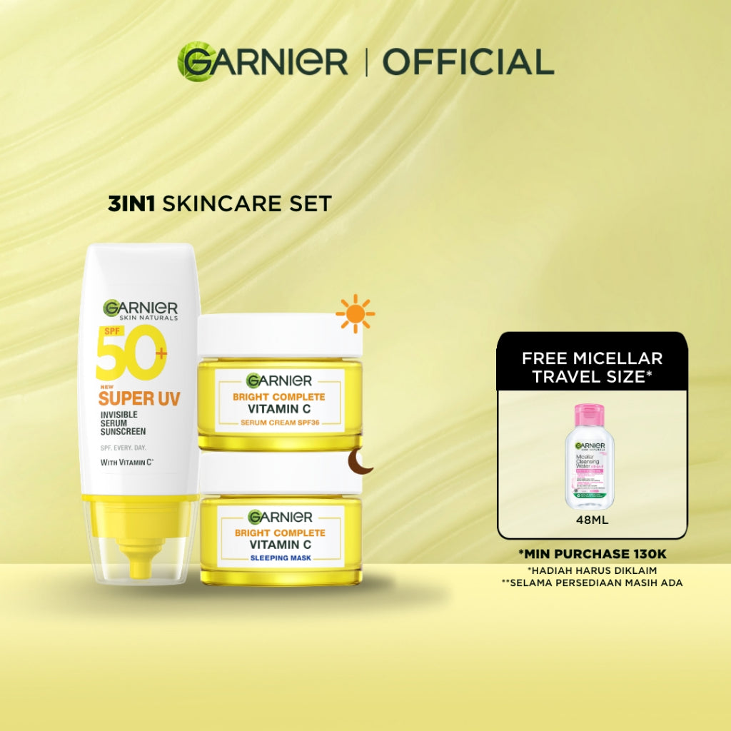 [PAKET HEMAT ISI 3] GARNIER Paket Skincare 1 set lengkap Complete Kit Vitamin C Day Cream 50ml + Night Cream 50ml + Sunscreen Serum Mencerahkan Bundle Paket  moisturizer tone up pelembab wajah cream pemutih wajah glowing cepat